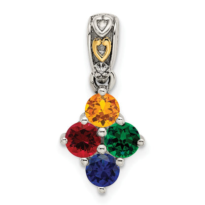 Sterling Silver Antiqued w/14k 4-stone w/Diamond Mothers Pendant Semi-Mount