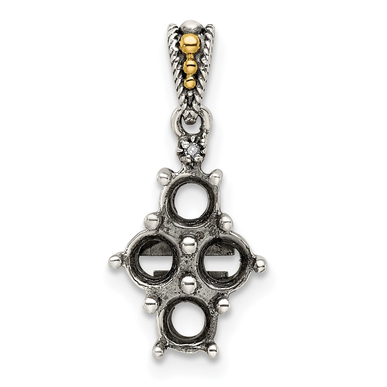 Sterling Silver Antiqued w/14k 4-stone w/Diamond Mothers Pendant Semi-Mount