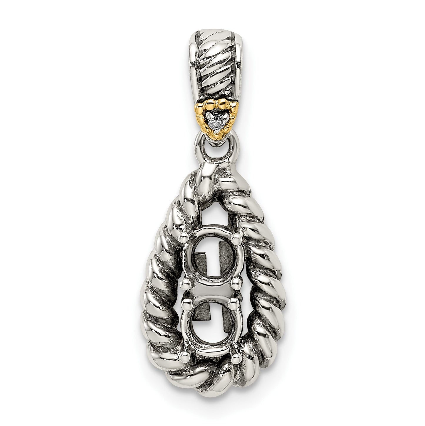 Sterling Silver Antiqued w/14k 2-stone w/Diamond Mothers Pendant Semi-Mount