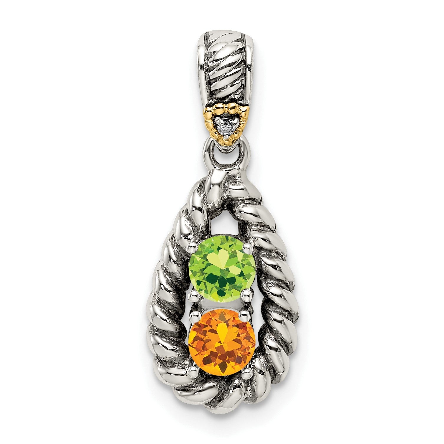 Sterling Silver Antiqued w/14k 2-stone w/Diamond Mothers Pendant Semi-Mount