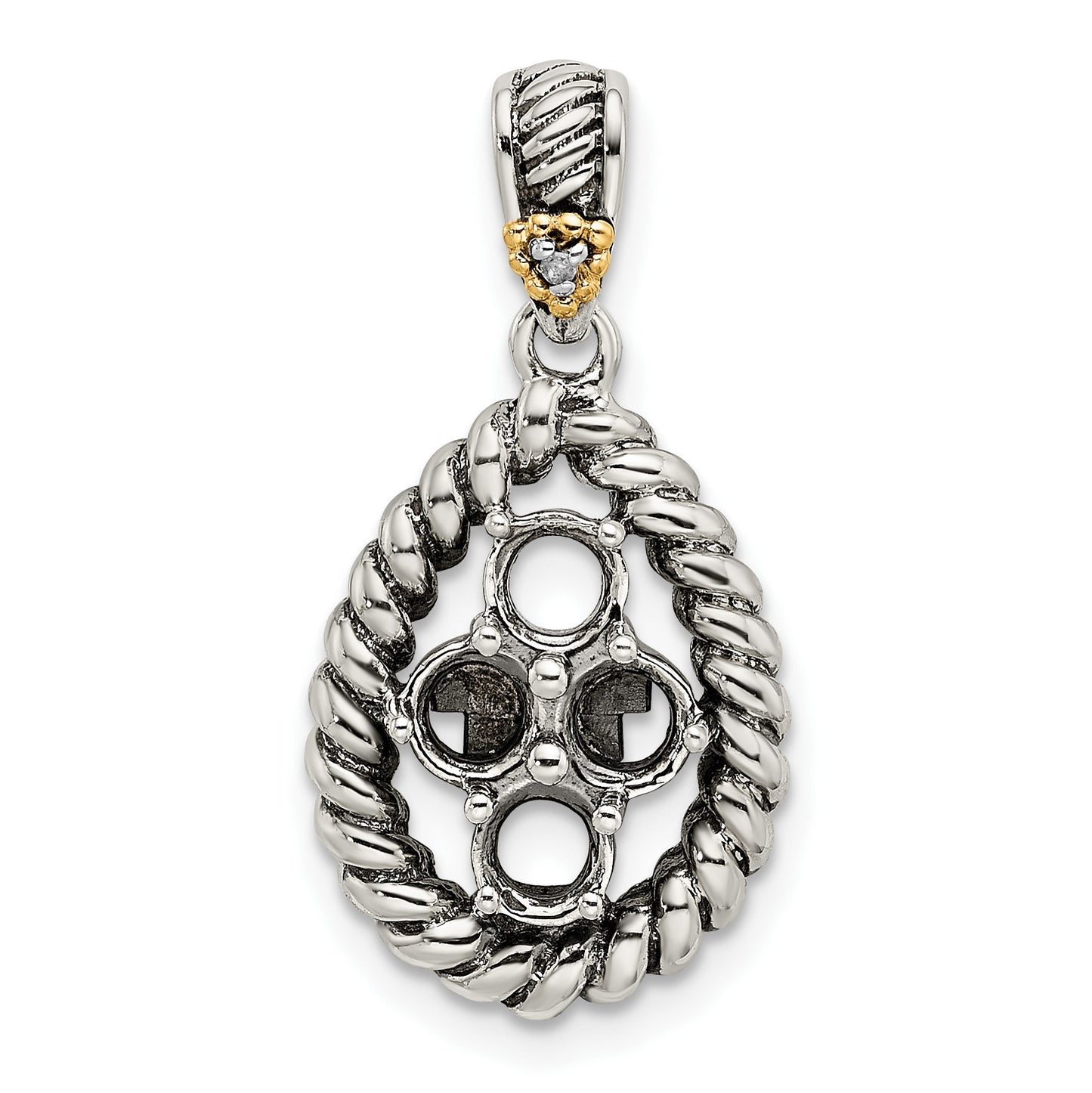 Sterling Silver Antiqued w/14k 4-stone w/Diamond Mothers Pendant Semi-Mount