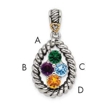 Sterling Silver Antiqued w/14k 4-stone w/Diamond Mothers Pendant Semi-Mount