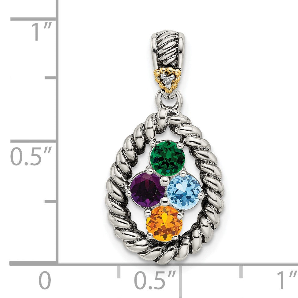 Sterling Silver Antiqued w/14k 4-stone w/Diamond Mothers Pendant Semi-Mount
