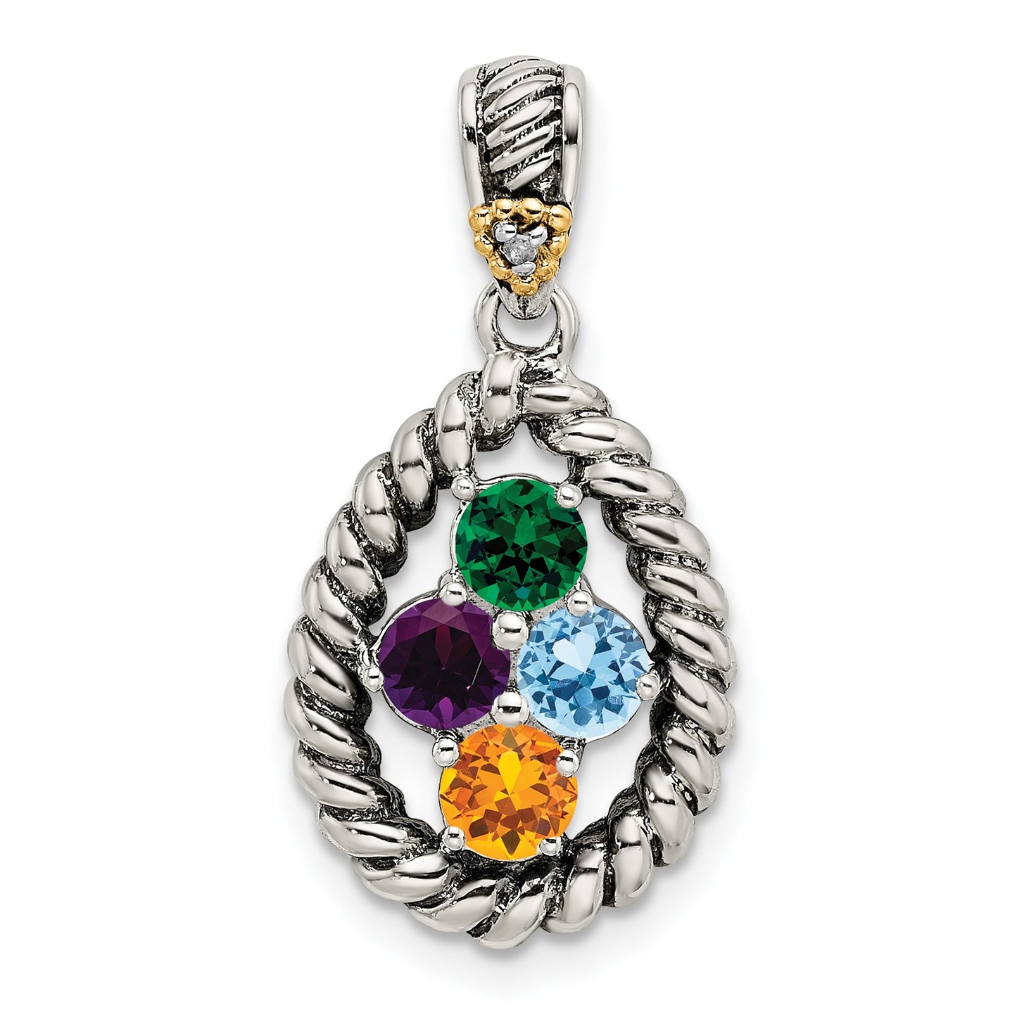 Sterling Silver Antiqued w/14k 4-stone w/Diamond Mothers Pendant Semi-Mount