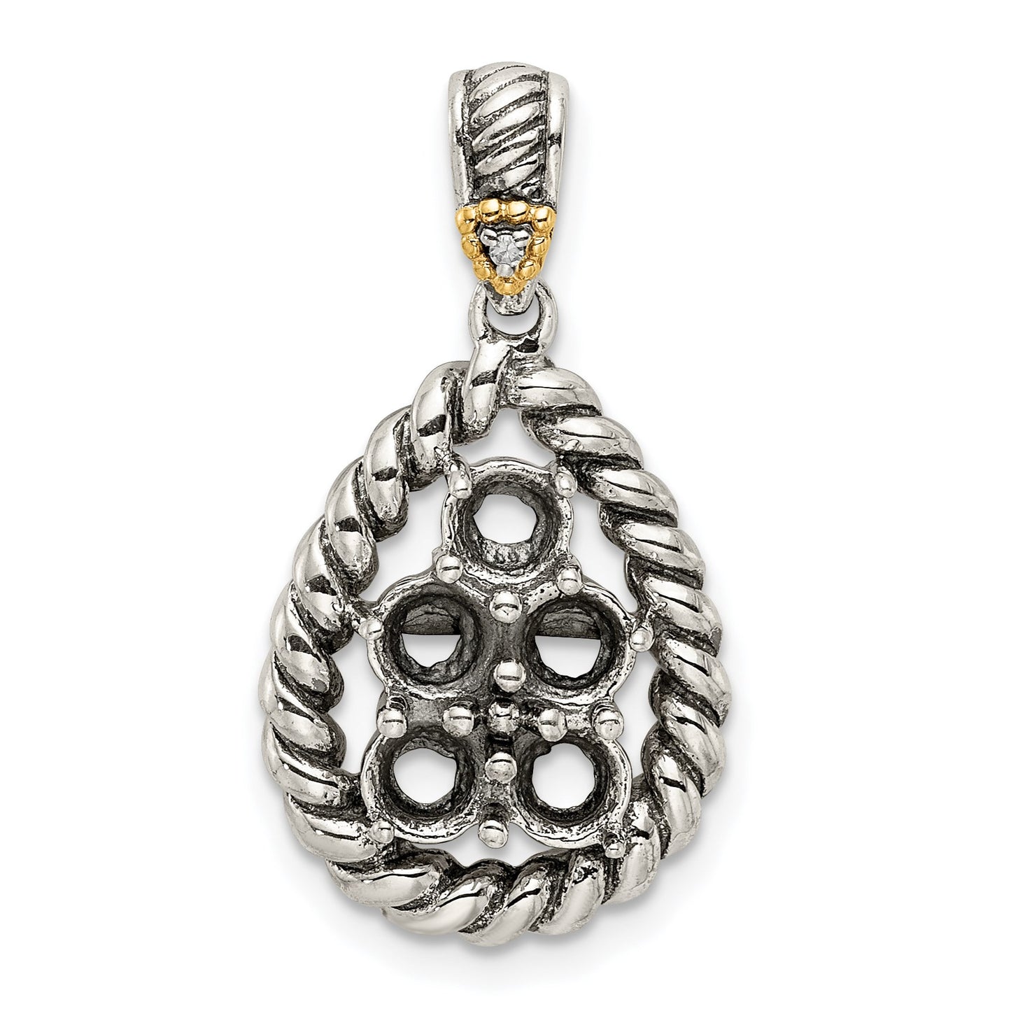 Sterling Silver Antiqued w/14k 5-stone w/Diamond Mothers Pendant Semi-Mount