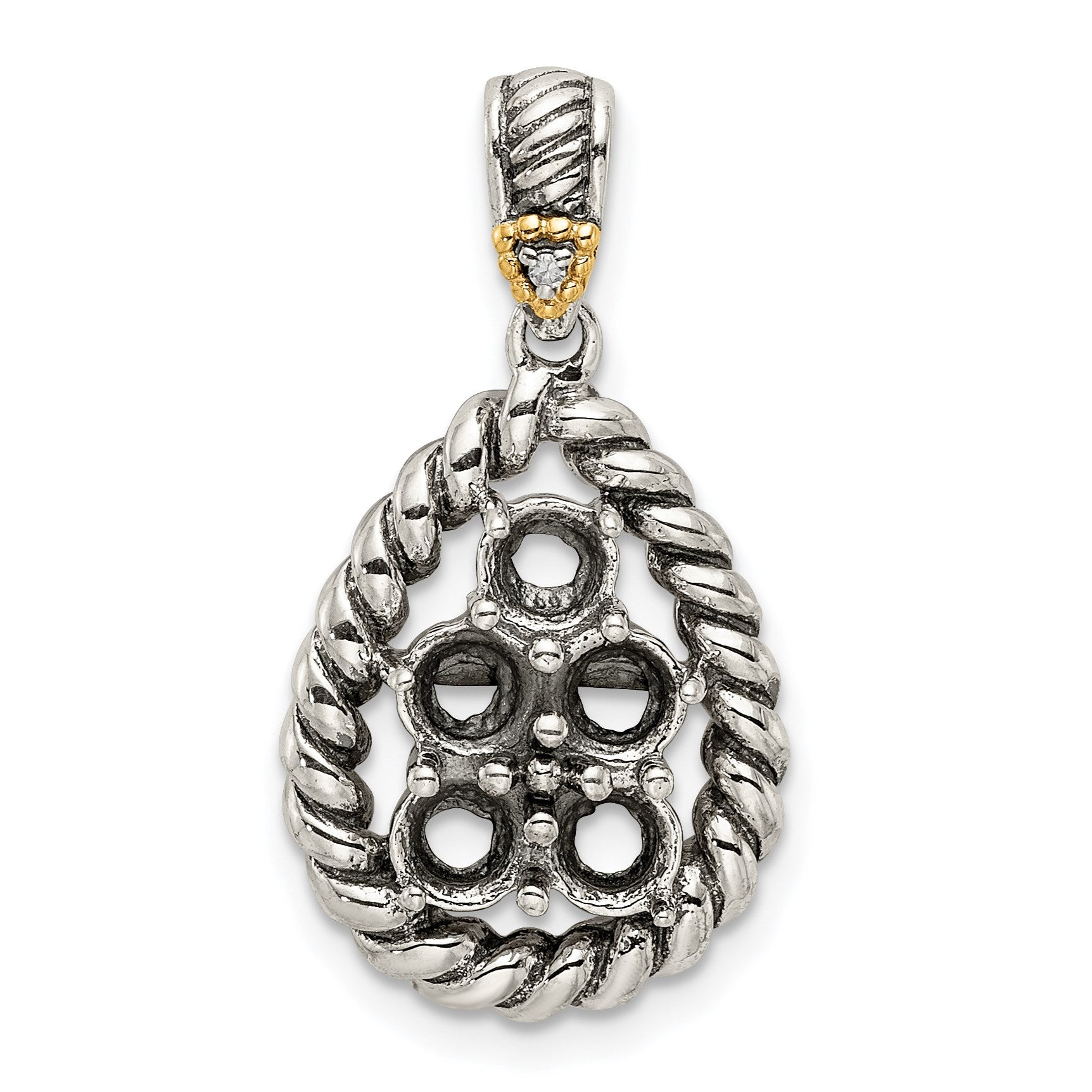 Sterling Silver Antiqued w/14k 5-stone w/Diamond Mothers Pendant Semi-Mount