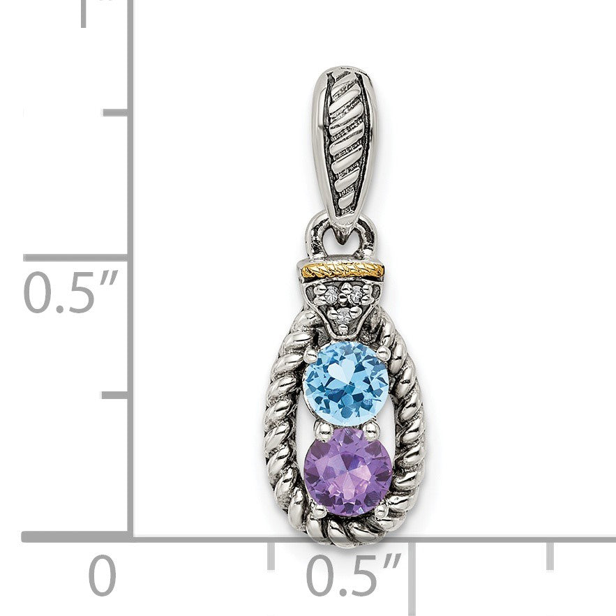 Sterling Silver Antiqued w/14k 2-stone w/Diamond Mothers Pendant Semi-Mount