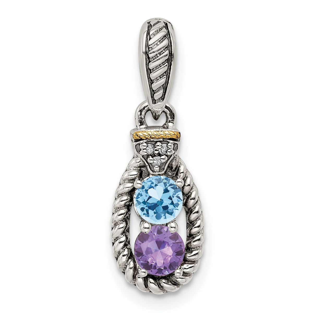Sterling Silver Antiqued w/14k 2-stone w/Diamond Mothers Pendant Semi-Mount