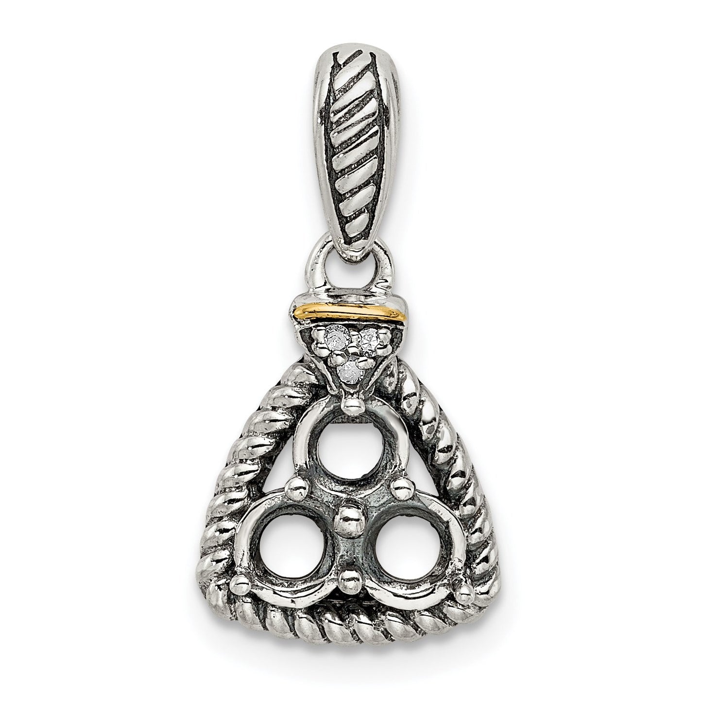 Sterling Silver Antiqued w/14k 3-stone w/Diamond Mothers Pendant Semi-Mount
