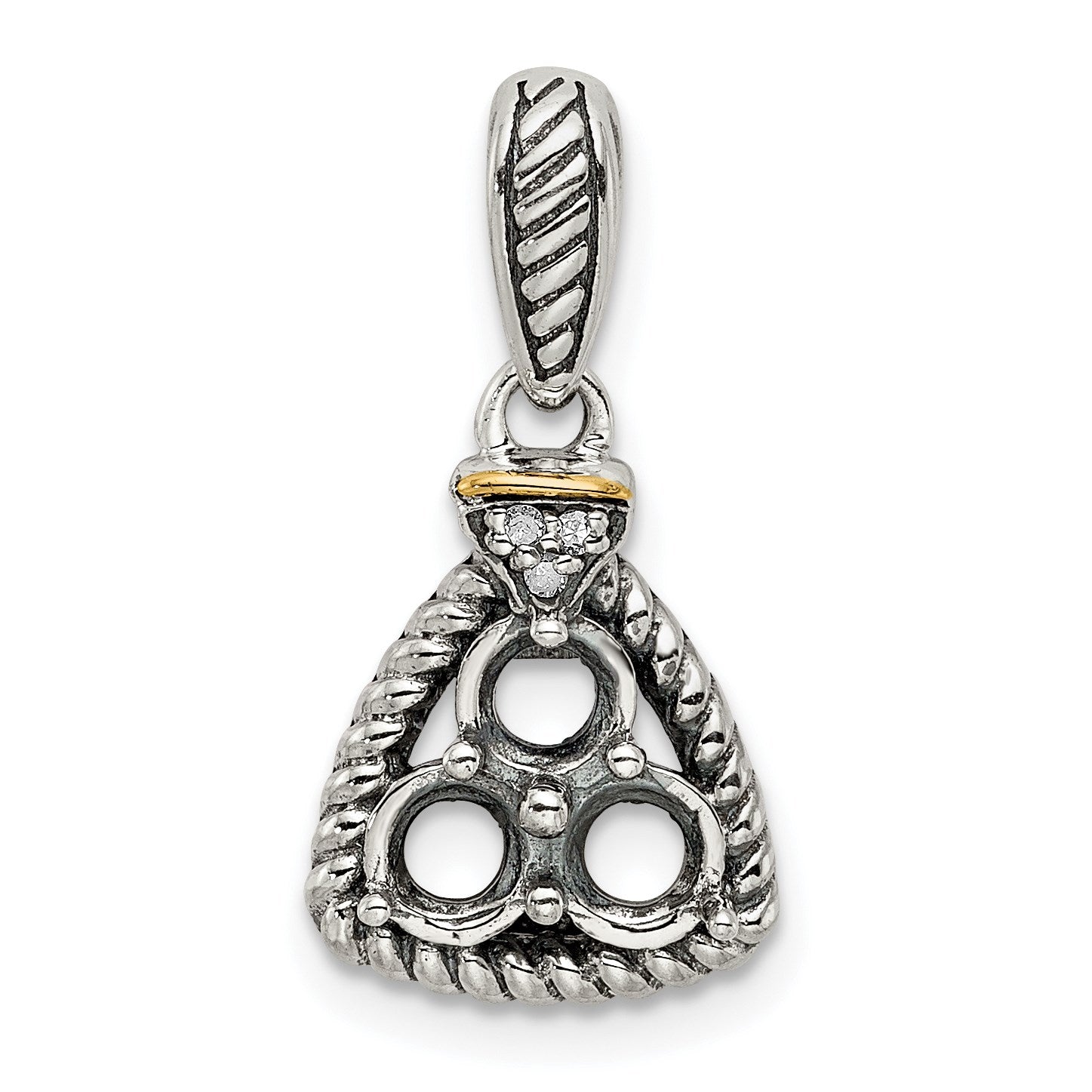 Sterling Silver Antiqued w/14k 3-stone w/Diamond Mothers Pendant Semi-Mount
