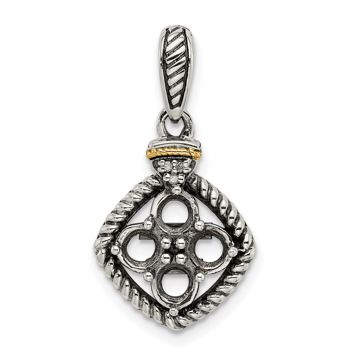 Sterling Silver Antiqued w/14k 4-stone w/Diamond Mothers Pendant Semi-Mount