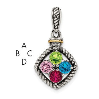 Sterling Silver Antiqued w/14k 4-stone w/Diamond Mothers Pendant Semi-Mount