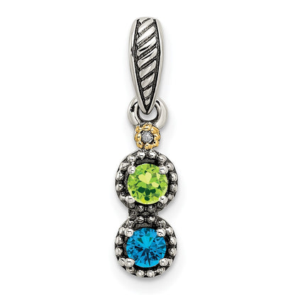 Sterling Silver Antiqued w/14k 2-stone w/Diamond Mothers Pendant Semi-Mount