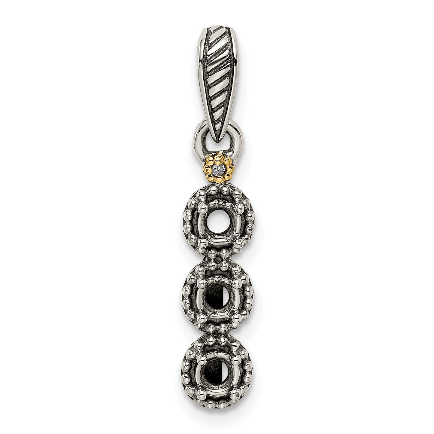 Sterling Silver Antiqued w/14k 3-stone w/Diamond Mothers Pendant Semi-Mount