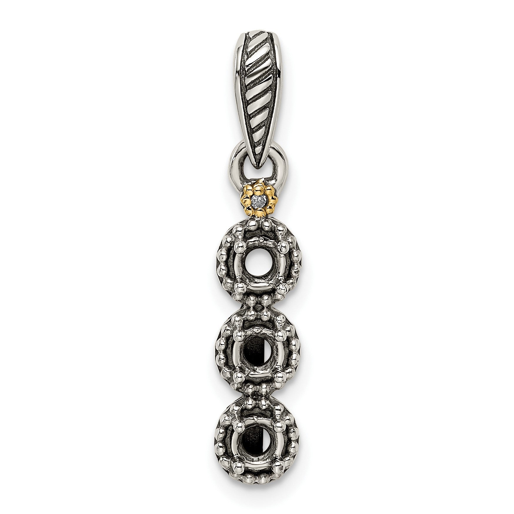 Sterling Silver Antiqued w/14k 3-stone w/Diamond Mothers Pendant Semi-Mount