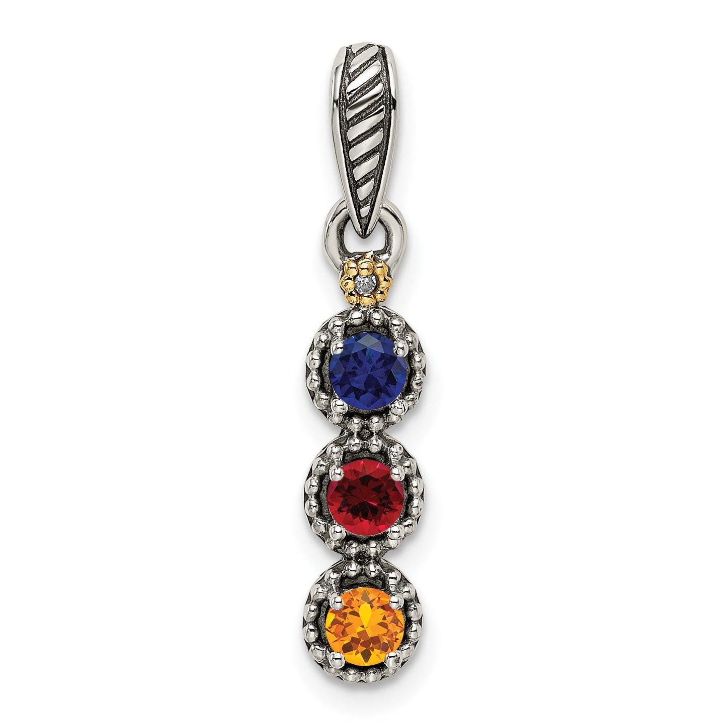 Sterling Silver Antiqued w/14k 3-stone w/Diamond Mothers Pendant Semi-Mount