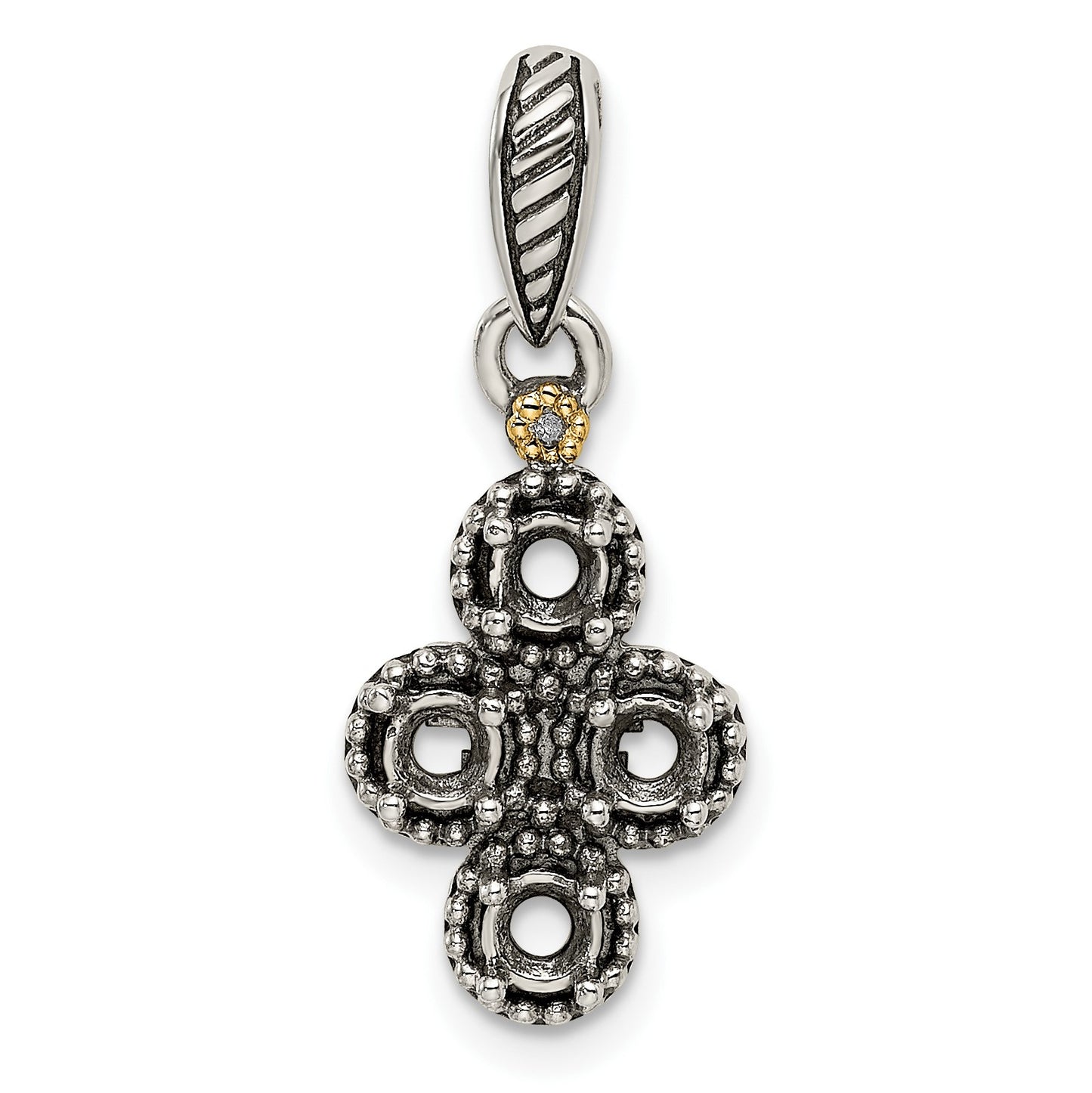 Sterling Silver Antiqued w/14k 4-stone w/Diamond Mothers Pendant Semi-Mount