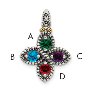 Sterling Silver Antiqued w/14k 4-stone w/Diamond Mothers Pendant Semi-Mount