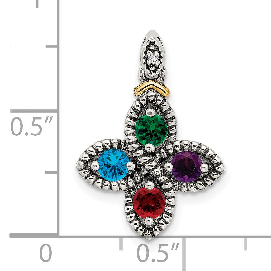 Sterling Silver Antiqued w/14k 4-stone w/Diamond Mothers Pendant Semi-Mount