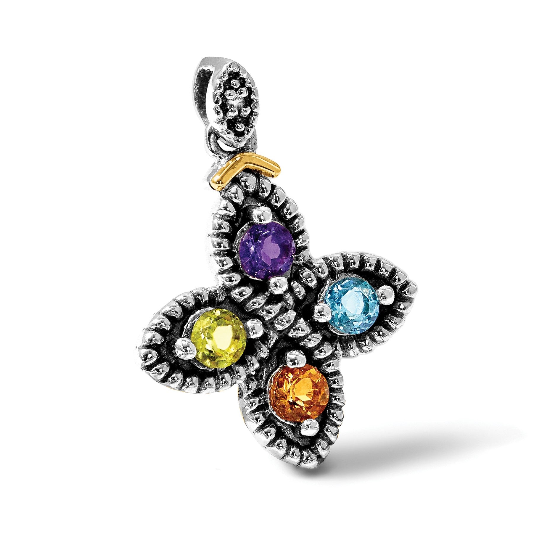 Sterling Silver Antiqued w/14k 4-stone w/Diamond Mothers Pendant Semi-Mount