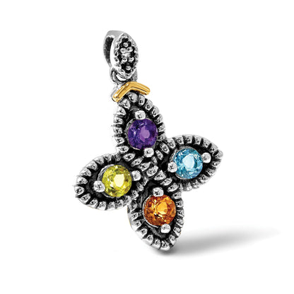 Sterling Silver Antiqued w/14k 4-stone w/Diamond Mothers Pendant Semi-Mount