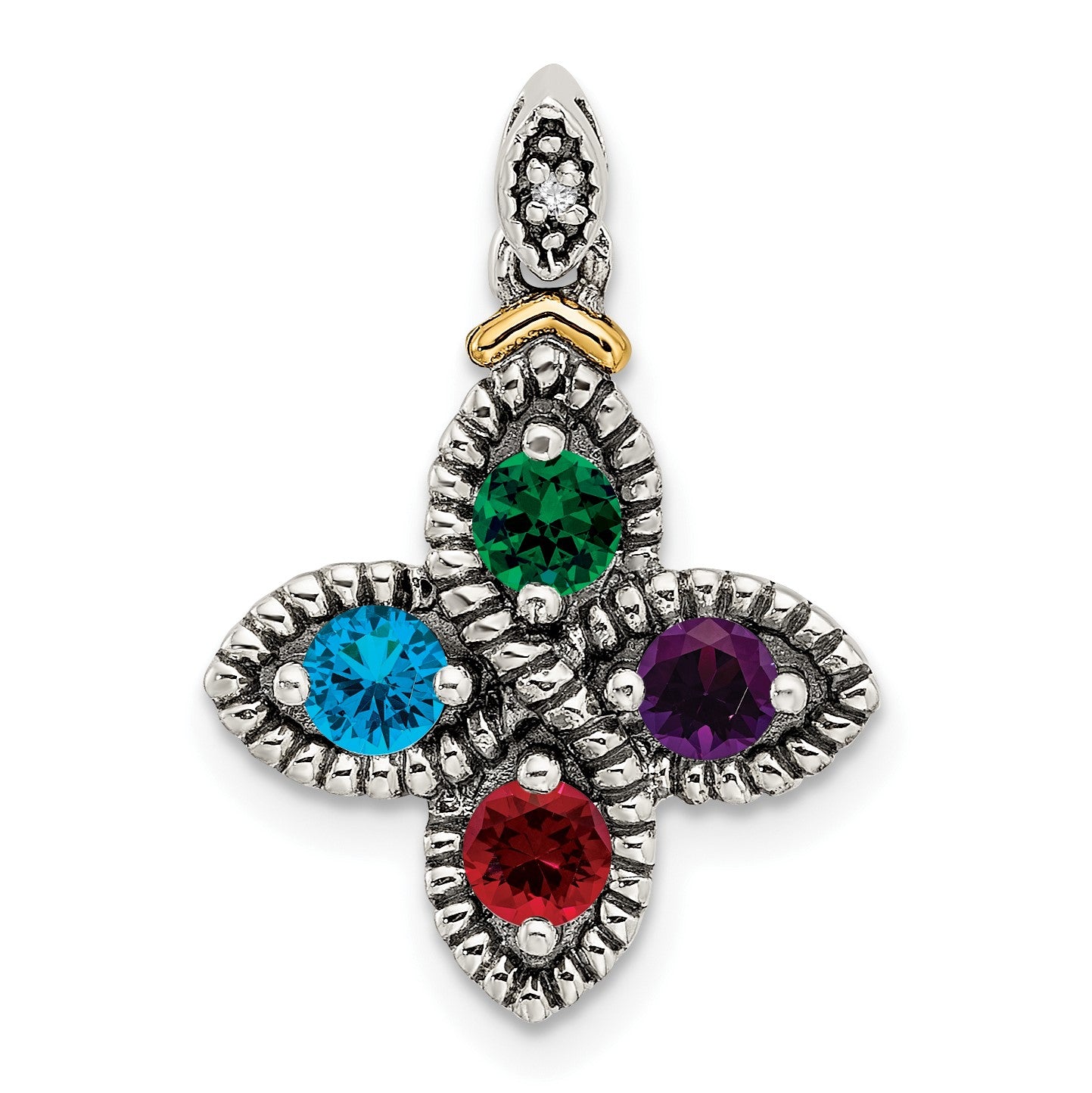Sterling Silver Antiqued w/14k 4-stone w/Diamond Mothers Pendant Semi-Mount