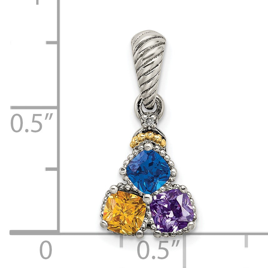 Sterling Silver Antiqued w/14k 3-stone w/Diamond Mothers Pendant Semi-Mount