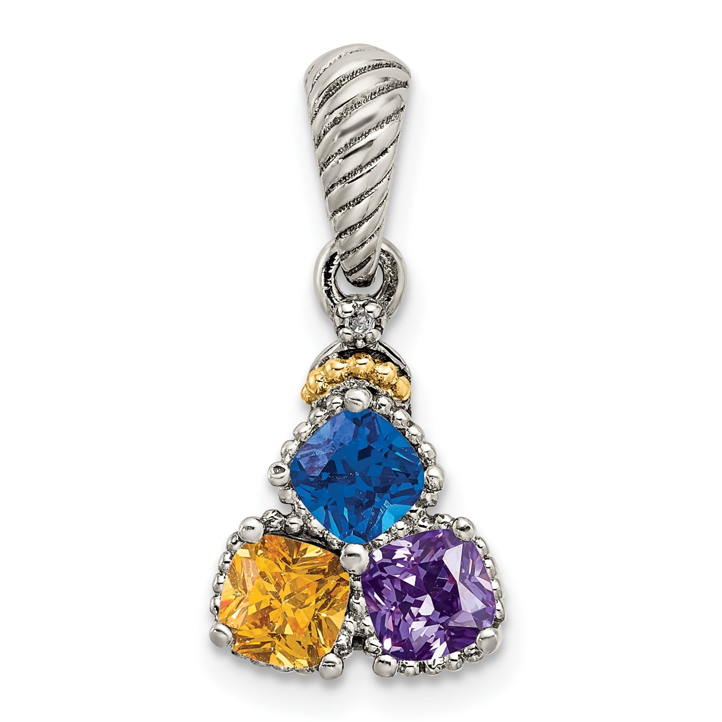 Sterling Silver Antiqued w/14k 3-stone w/Diamond Mothers Pendant Semi-Mount