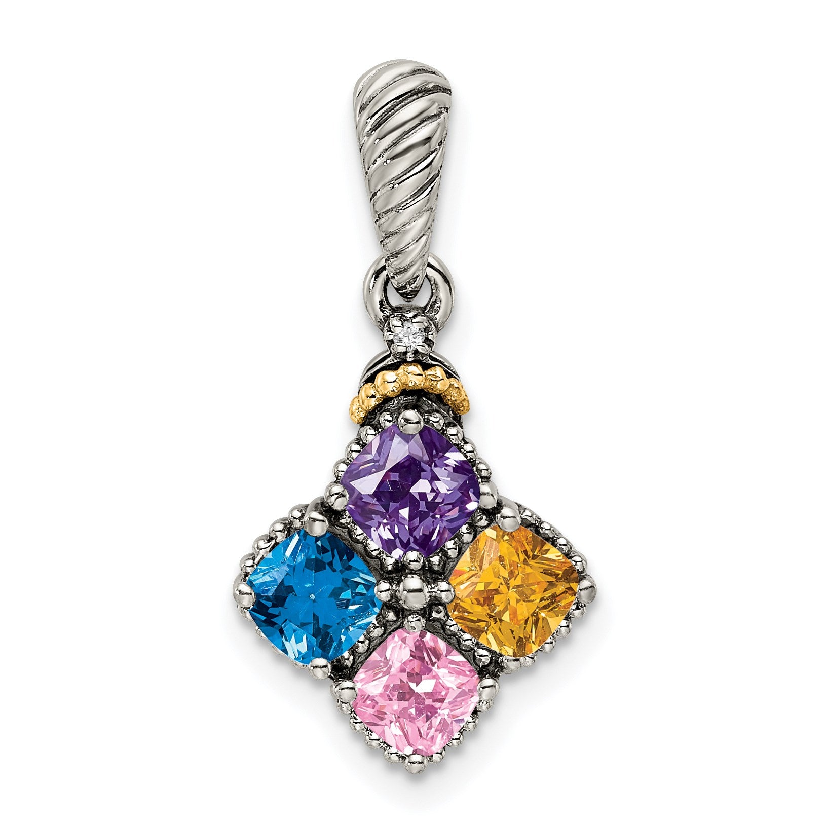 Sterling Silver Antiqued w/14k 4-stone w/Diamond Mothers Pendant Semi-Mount