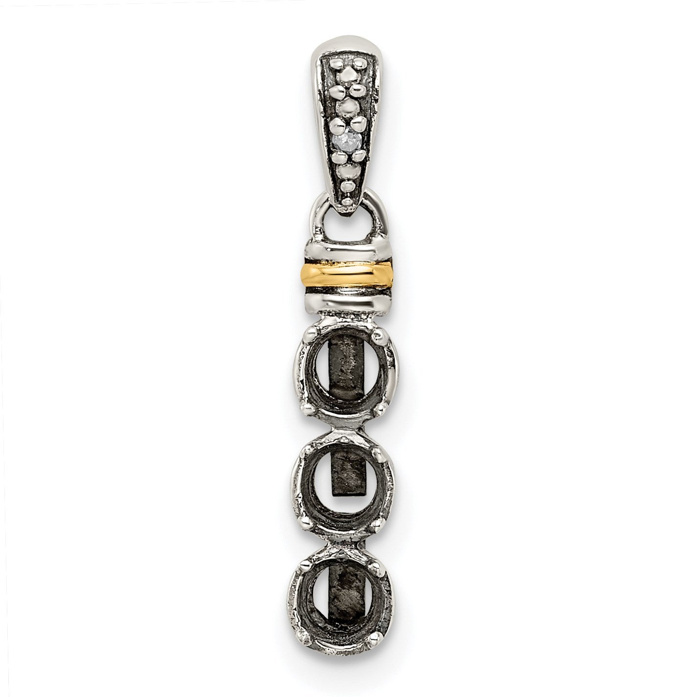 Sterling Silver Antiqued w/14k 3-stone w/Diamond Mothers Pendant Semi-Mount