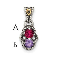 Sterling Silver Antiqued w/14k 2-stone w/Diamond Mothers Pendant Semi-Mount