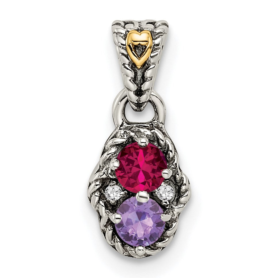 Sterling Silver Antiqued w/14k 2-stone w/Diamond Mothers Pendant Semi-Mount