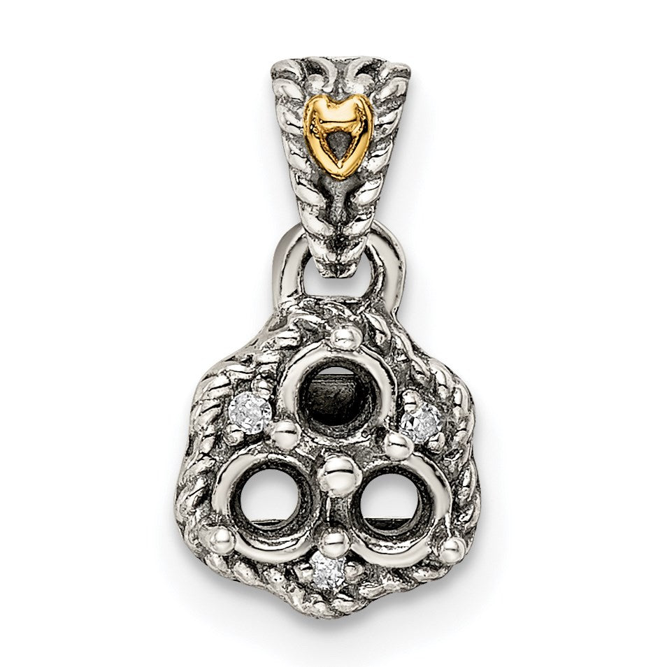 Sterling Silver Antiqued w/14k 3-stone w/Diamond Mothers Pendant Semi-Mount