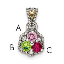 Sterling Silver Antiqued w/14k 3-stone w/Diamond Mothers Pendant Semi-Mount