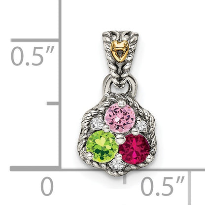 Sterling Silver Antiqued w/14k 3-stone w/Diamond Mothers Pendant Semi-Mount