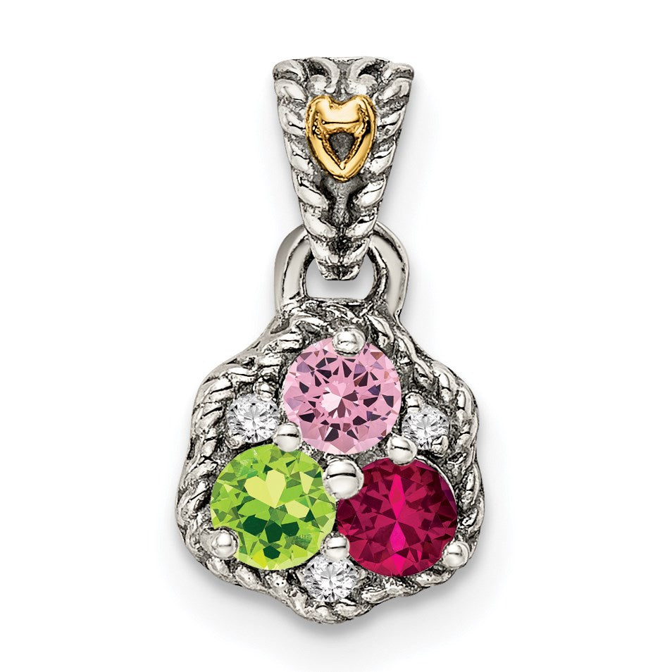 Sterling Silver Antiqued w/14k 3-stone w/Diamond Mothers Pendant Semi-Mount
