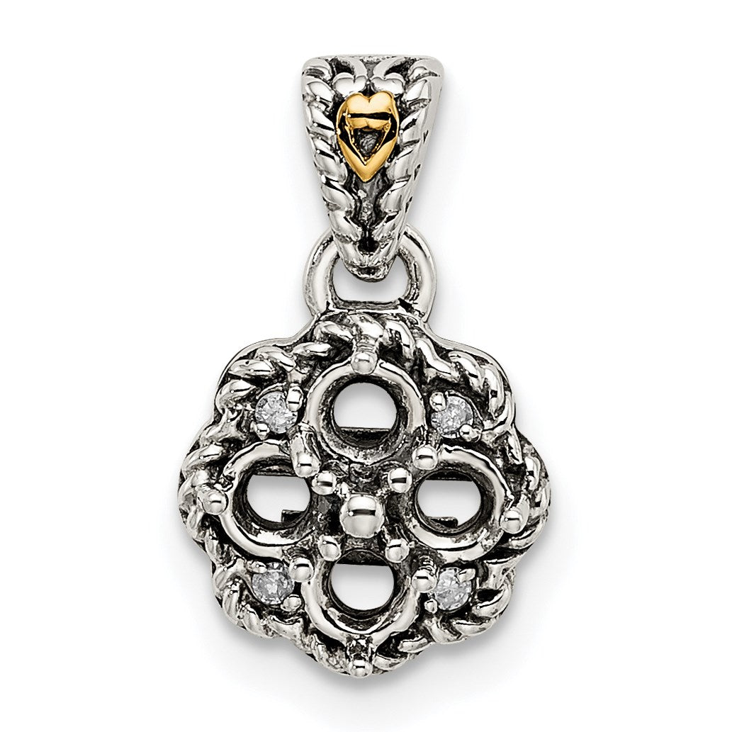 Sterling Silver Antiqued w/14k 4-stone w/Diamond Mothers Pendant Semi-Mount