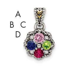 Sterling Silver Antiqued w/14k 4-stone w/Diamond Mothers Pendant Semi-Mount
