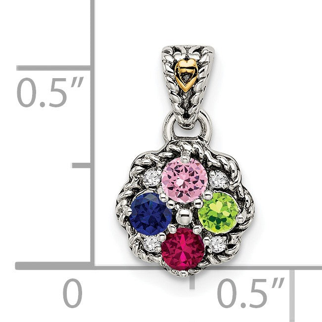 Sterling Silver Antiqued w/14k 4-stone w/Diamond Mothers Pendant Semi-Mount