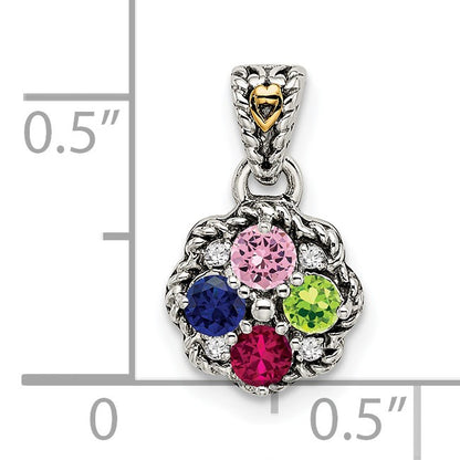 Sterling Silver Antiqued w/14k 4-stone w/Diamond Mothers Pendant Semi-Mount