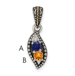 Sterling Silver Antiqued w/14k 2-stone w/Diamond Mothers Pendant Semi-Mount