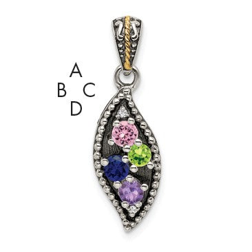 Sterling Silver Antiqued w/14k 4-stone w/Diamond Mothers Pendant Semi-Mount