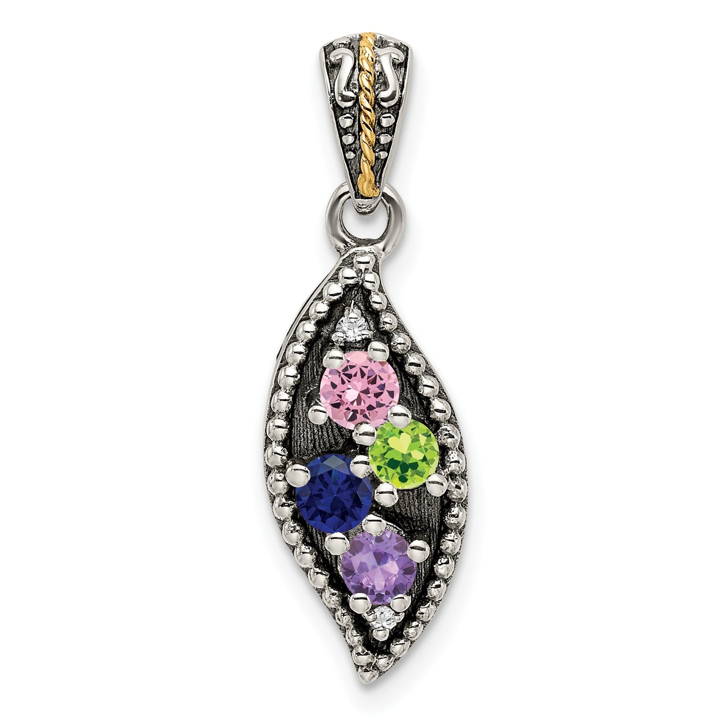 Sterling Silver Antiqued w/14k 4-stone w/Diamond Mothers Pendant Semi-Mount