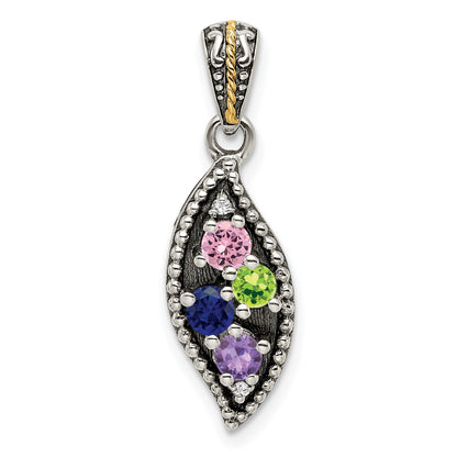 Sterling Silver Antiqued w/14k 4-stone w/Diamond Mothers Pendant Semi-Mount