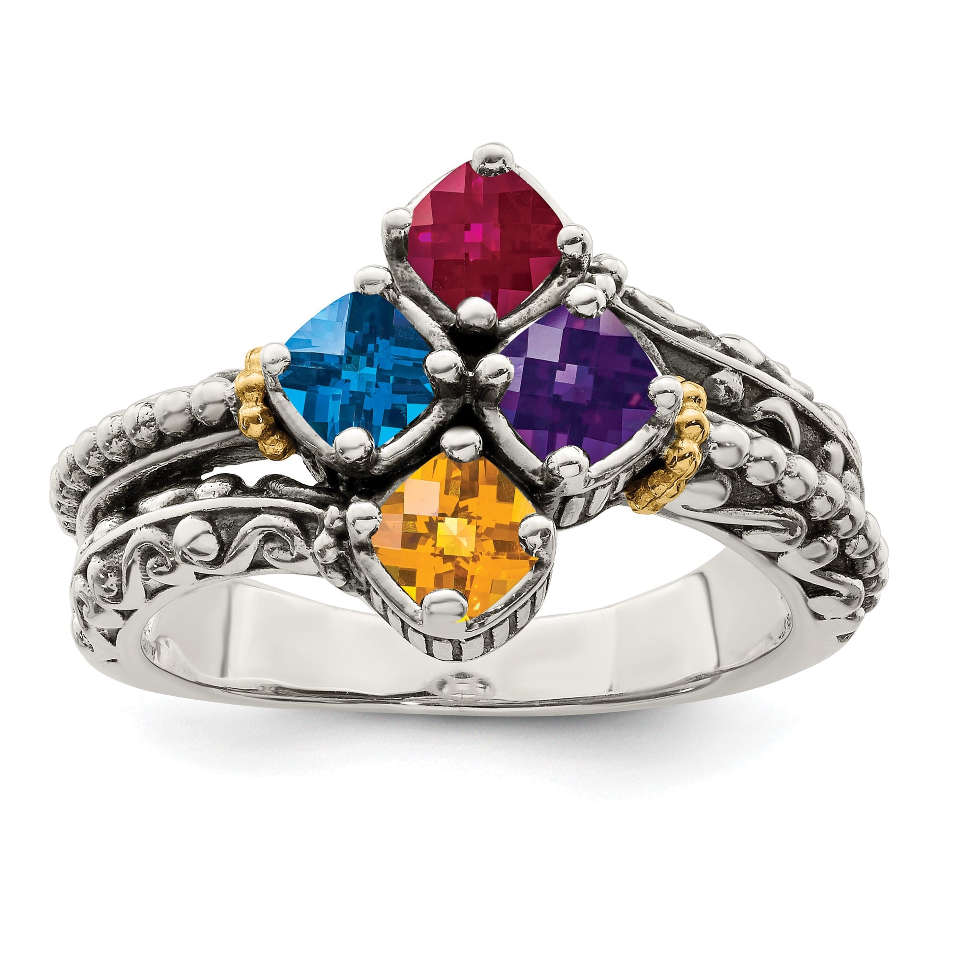 Sterling Silver Antiqued w/14k 4-stone Mother's Ring Mounting