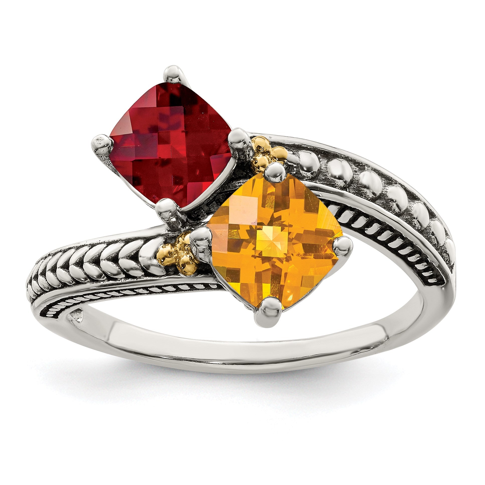 Sterling Silver Antiqued w/14k 2-stone Mother's Ring Mounting