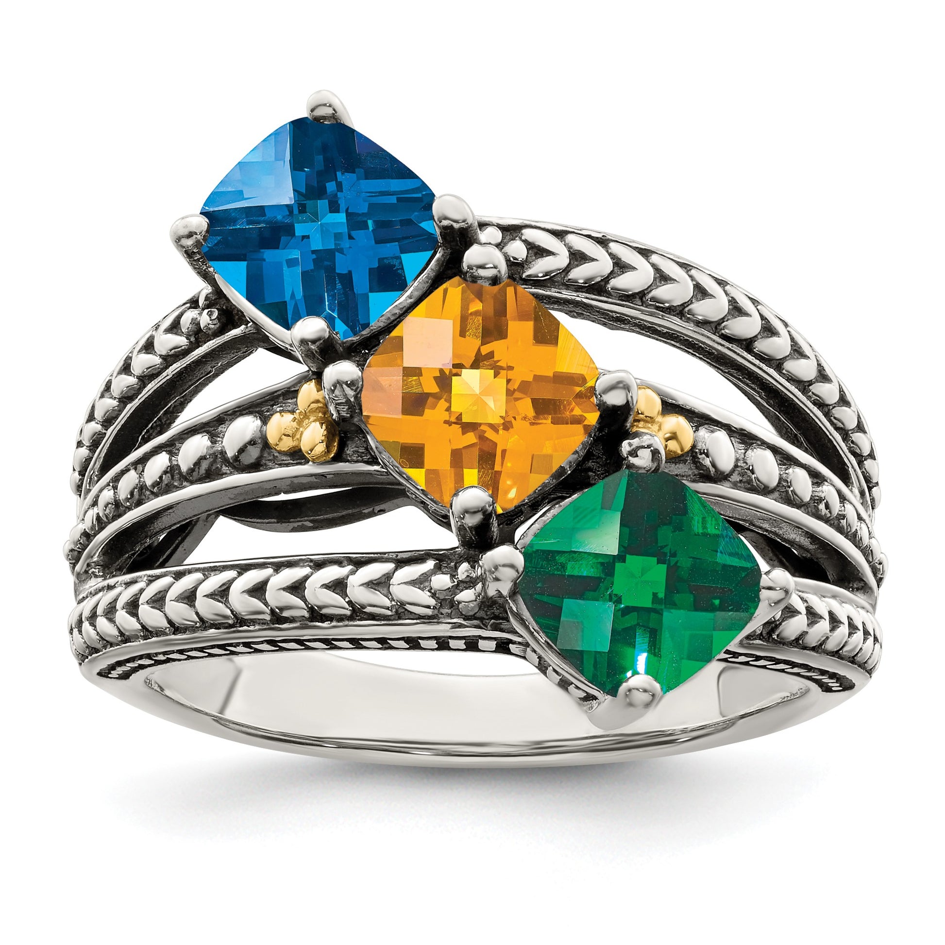 Sterling Silver Antiqued w/14k 3-stone Mother's Ring Mounting