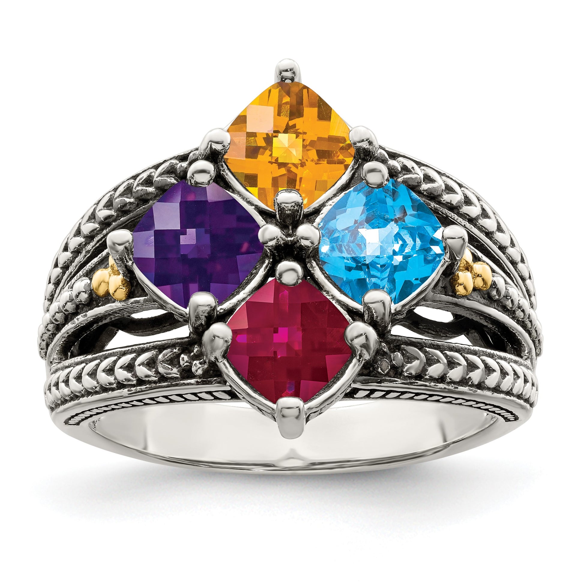 Sterling Silver Antiqued w/14k 4-stone Mother's Ring Mounting