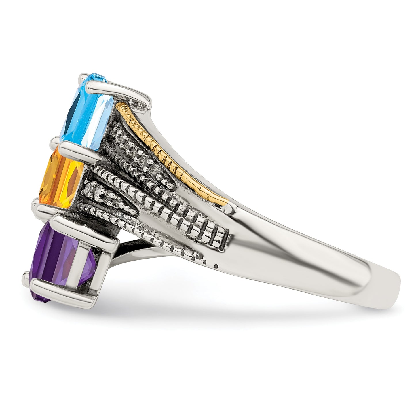 Sterling Silver Antiqued w/14k 3-stone w/Diamond Mother's Semi-Mount Ring