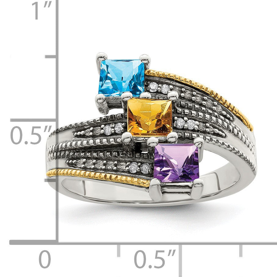 Sterling Silver Antiqued w/14k 3-stone w/Diamond Mother's Semi-Mount Ring